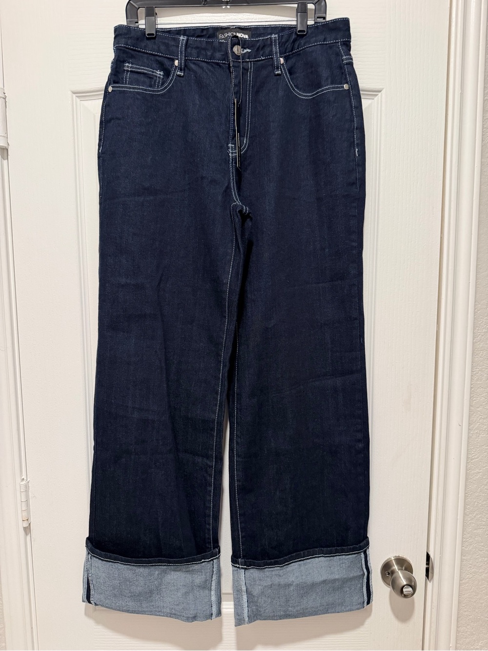 Fashion Nova Dark Indigo Wide-Leg Cuffed Jeans